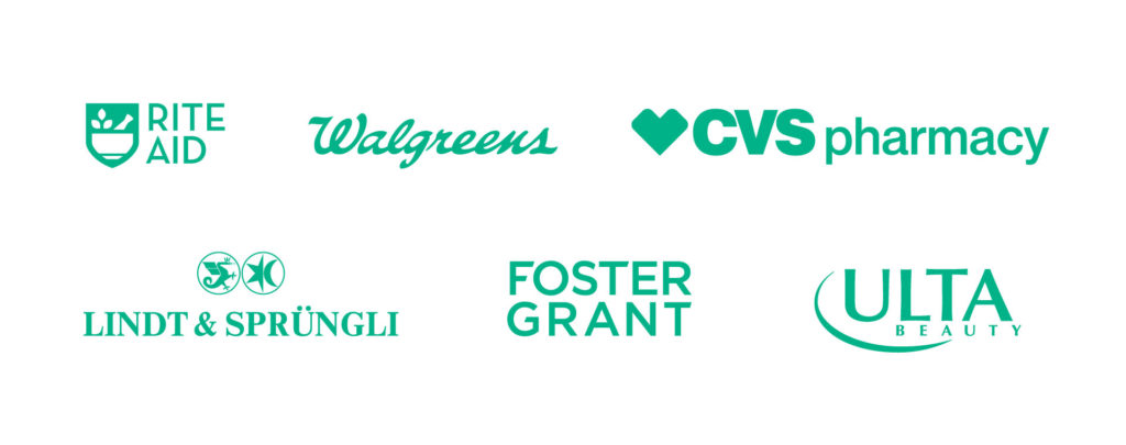 Rite Aid, Walgreens, CVS Pharmacy, Lindt & Sprungli, Foster Grant and Ulta